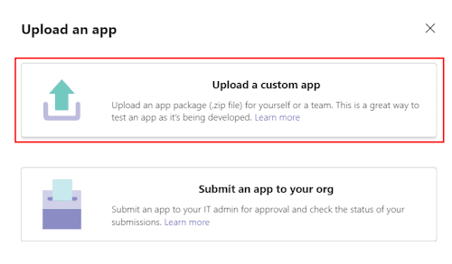 Microsoft Teams Upload an app dialog with Upload a custom app highlighted.